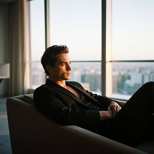 Photograph of a handsome, dark-haired man in a black suit, seated in a modern chair, bathed in soft sunlight from large windows, with