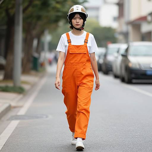 Photograph of an Asian woman walking down a city street, wearing a white t-shirt, orange overalls, white sneakers, and a black motorcycle helmet