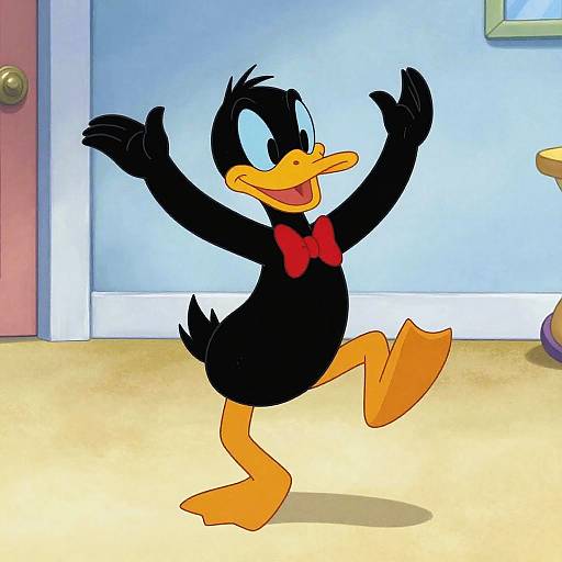 Digital cartoon of a cheerful black duck with a red bow tie, raising arms and winking, standing on one leg in a brightly lit blue room.