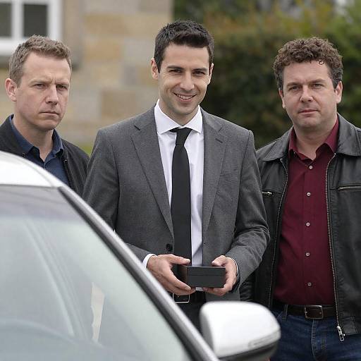 Three Men Standing Near Car with Small Box