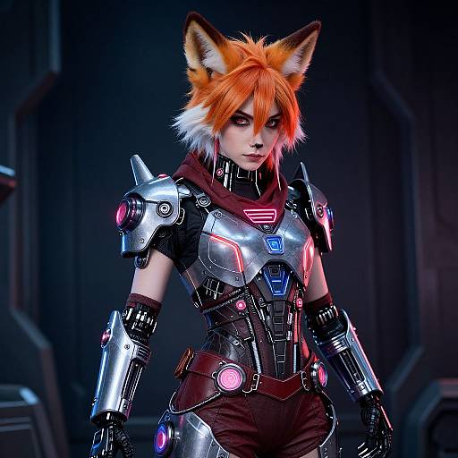 Digital art of a fox-eared, orange-haired woman in futuristic, metallic armor with glowing neon accents, standing in a dark, sci-fi environment.