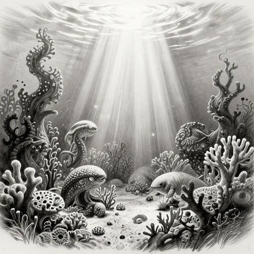 Monochrome digital illustration of an underwater scene with light beams illuminating a vibrant coral reef, featuring three detailed, textured sea creatures among various corals and