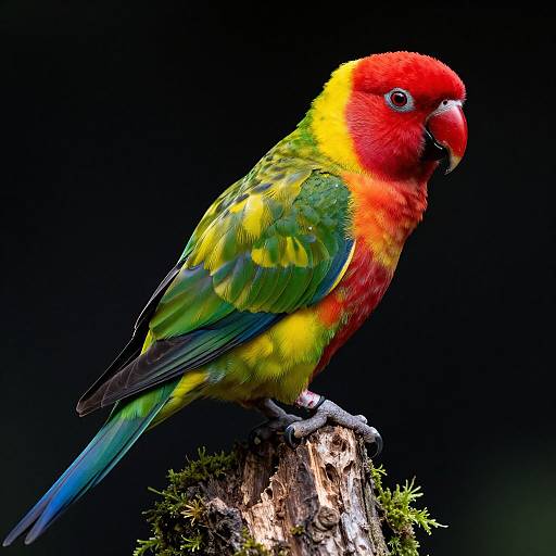Vibrant red and yellow parrot with green and blue wings perched on a moss-covered branch against a black background. Photograph.