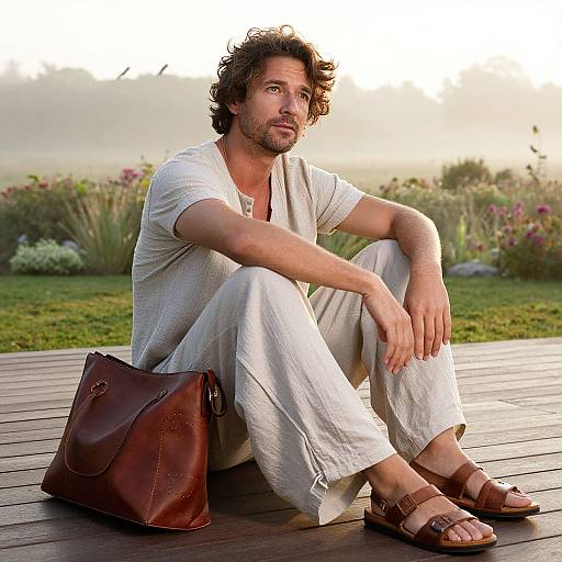 Photograph of a curly-haired, bearded man in white shirt and pants, brown leather bag, and sandals, sitting on wooden deck at sunset with