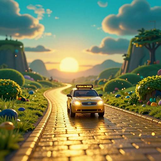 Digital artwork of a yellow taxi driving down a glowing, cobblestone path at sunset, surrounded by colorful flowers, lush greenery, and towering structures
