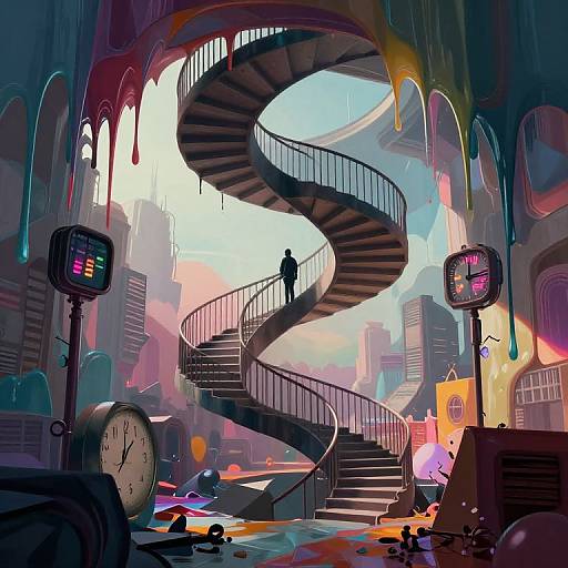 Digital artwork of a surreal, colorful, spiral staircase in a graffiti-filled, neon-lit room with dripping paint, clock, and two TV screens.