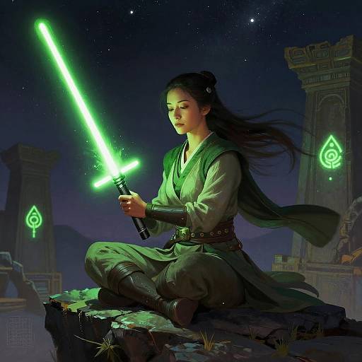 Digital artwork of an Asian woman with long black hair, holding a glowing green lightsaber, kneeling on a rocky ledge under a starry night sky,