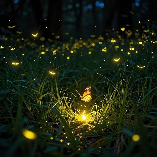 Photograph of a glowing yellow butterfly sitting on grass, surrounded by numerous small, floating yellow lights in a dark forest.