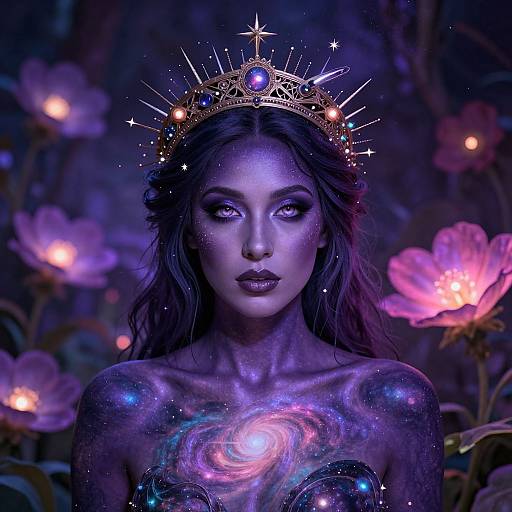 Magical, ethereal portrait of a dark-skinned woman with glowing galaxy tattoos, wearing a star-studded crown, surrounded by glowing pink flowers in