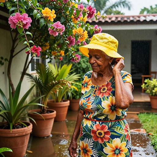 Elderly Caribbean Woman in Vibrant Garden