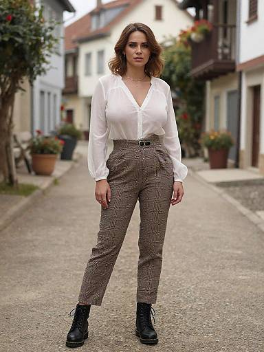 Photograph of a confident woman with wavy brown hair, wearing a white blouse, brown plaid high-waisted pants, and black boots,