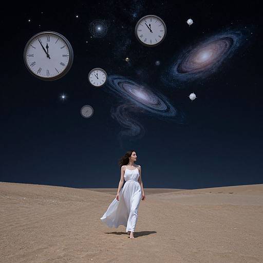 Photograph of a woman in a white dress walking on a desert, with floating clocks and galaxies in a dark sky.