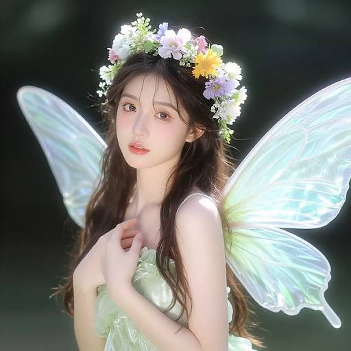 Photograph of a fair-skinned, young Asian woman with long dark hair, wearing a floral crown, glowing white fairy wings, and a green dress