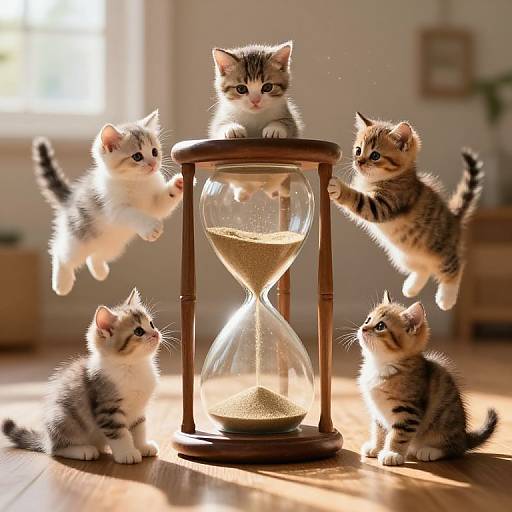 Whimsical Kittens Emerging from Hourglass