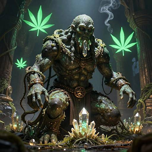 Digital artwork: Muscular, green-skinned, humanoid monster with dreadlocks, glowing green eyes, and a menacing grin, kneels among glowing crystals