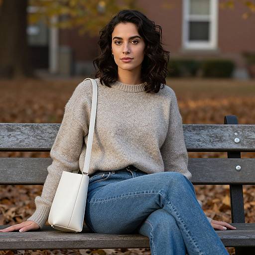 Stylish Woman on Autumn Park Bench