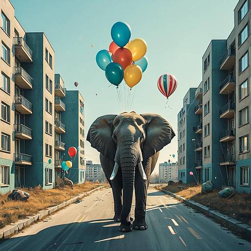 Surreal Elephant Walking with Balloons Between Apartments