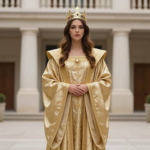Photograph of a young woman with long brown hair, wearing a gold crown and ornate, golden medieval-style robe, standing in front of a classical