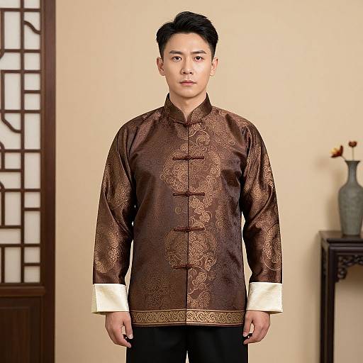 Photograph of an Asian man with short black hair, wearing a brown, intricately patterned, long-sleeve Chinese tunic with white cuffs