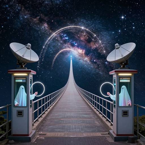 Digital artwork of a glowing, narrow bridge under a starry night sky, flanked by satellite-like structures with ghostly figures, illuminated by circular lights