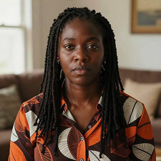 Photograph of a serious Black woman with long, braided hair, wearing a vibrant orange and white patterned shirt, in a softly lit living room