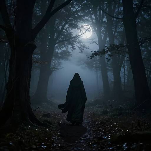 Silhouetted figure in hooded cloak walks through dark, misty forest under moonlight, surrounded by towering trees and dense foliage. Photographic