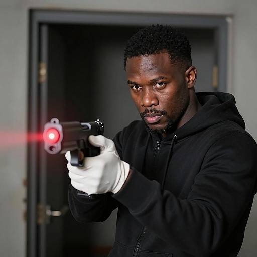 Determined Man with Laser Gun in Shadows