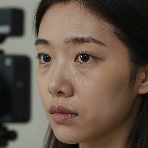 Close-up photograph of a young Asian woman with fair skin, dark hair, and slightly parted lips, looking to the side. Background includes blurred camera equipment