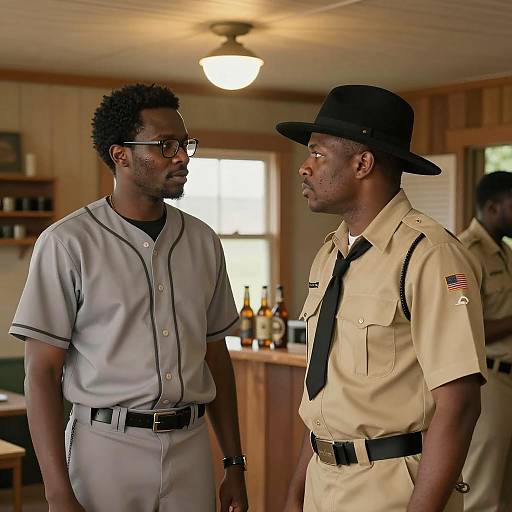 Two African American Men in Baseball and Scout Uniforms Indoors