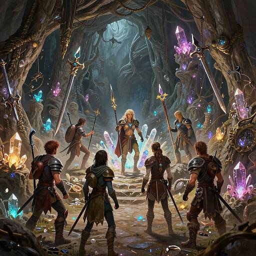 Fantasy battle scene in a glowing crystal cave, six armored warriors with swords facing a blonde sorceress wielding a glowing staff.