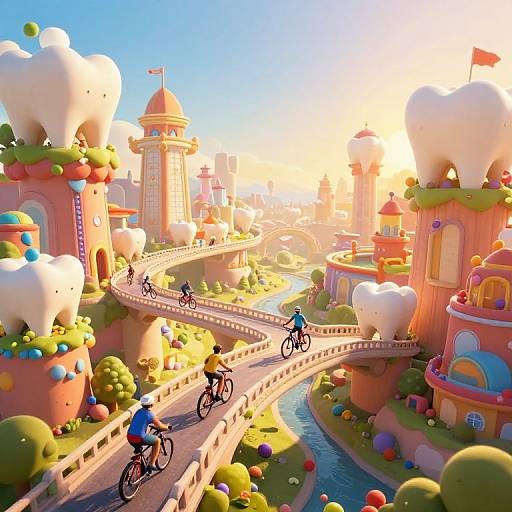 Bright, whimsical CGI cityscape with colorful, candy-like buildings, winding bridges, and three cyclists riding bicycles through a sunlit, cloud-adorn