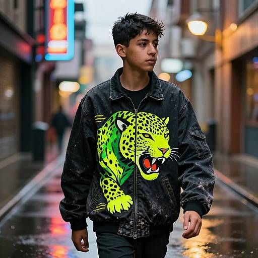 Photograph of a young Asian man with short black hair, wearing a black jacket with a vibrant green and yellow leopard print, walking down a rainy urban