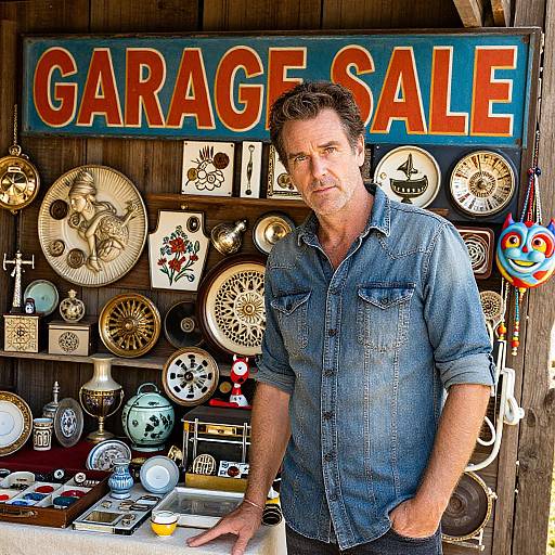 Photograph of a middle-aged man with short brown hair, wearing a denim shirt, standing in a vintage clock shop with 