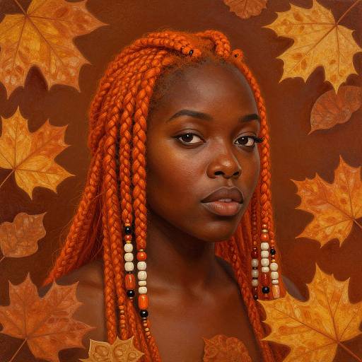 Photograph of a dark-skinned woman with bright orange braids, adorned with black and white beads, set against an autumnal orange-brown background