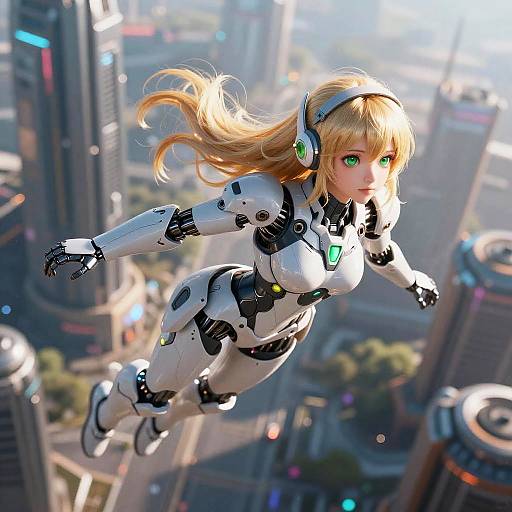 CGI anime-style female cyborg with blonde hair, green eyes, white and black robotic suit, flying above a futuristic cityscape.
