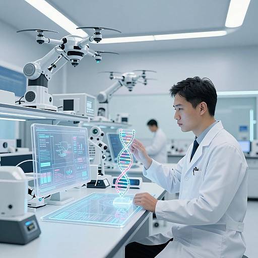 Photograph of an Asian male scientist in a white lab coat using a glowing DNA model in a high-tech laboratory with drones and microscopes.