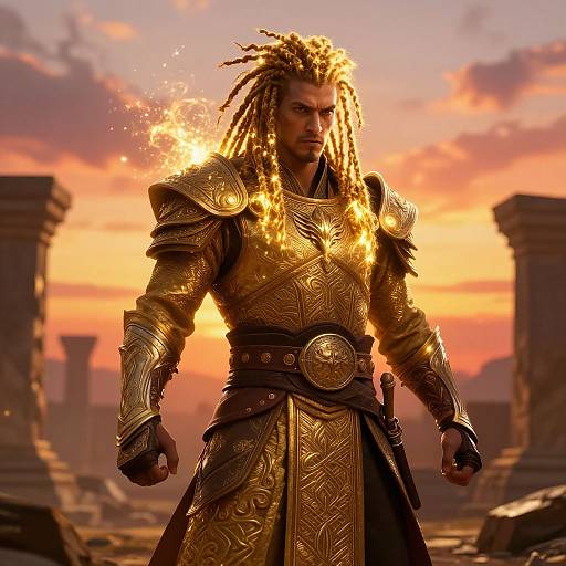 Photorealistic digital art of a muscular, African man with dreadlocks, wearing glowing golden armor, standing against a sunset sky with ancient ruins.