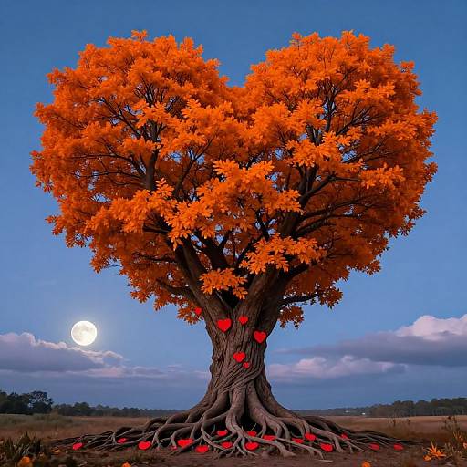 Photograph of a vibrant, heart-shaped tree with bright orange leaves, rooted in earth with red apples, set against a clear blue sky and full moon