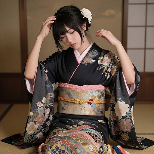 Photograph of a serene Japanese woman in a black floral kimono with pink obi, seated on tatami mat, adjusting her hair.