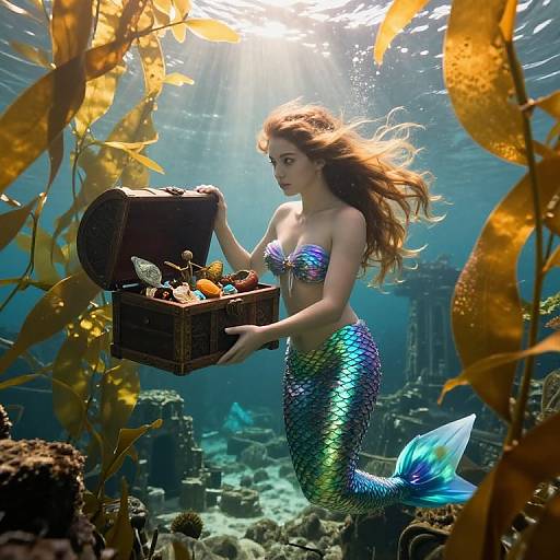 Mystical Mermaid Princess Under Golden Kelp