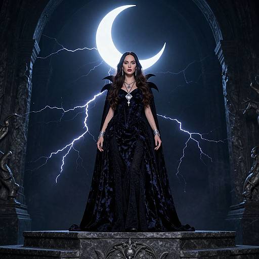 Photograph of a dark-haired woman in an elaborate black gown, standing before a glowing crescent moon and lightning bolts, framed by ancient stone arches