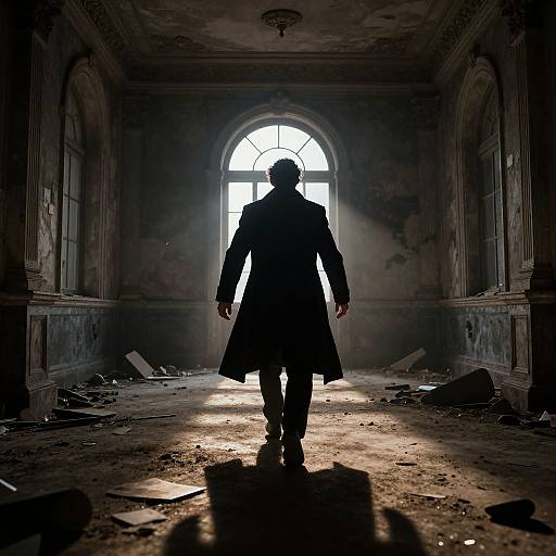 Photograph of a silhouetted man in a long coat walking towards a brightly lit, arched window in a dark, abandoned, and debris