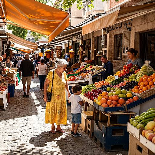 Colorful photograph of a bustling outdoor market with a yellow-dressed elderly woman, a young boy, and vibrant fruit stalls under orange canopies. Sh