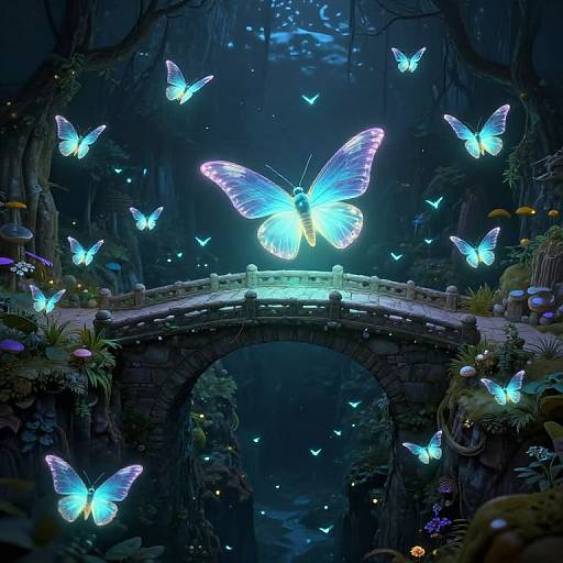 Magical forest scene at night with glowing blue butterflies, illuminated stone bridge, and vibrant mushrooms, creating an enchanting, ethereal atmosphere.
