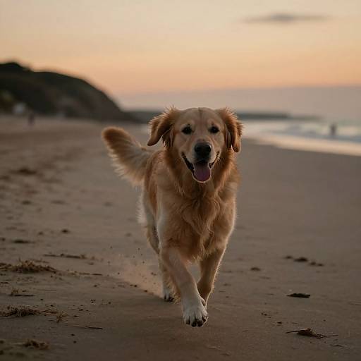 Melancholic Golden Retriever at Sunset