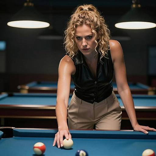 Photograph of a focused blonde woman with curly hair, wearing a black sleeveless top and beige pants, aiming a pool cue at a ball on a