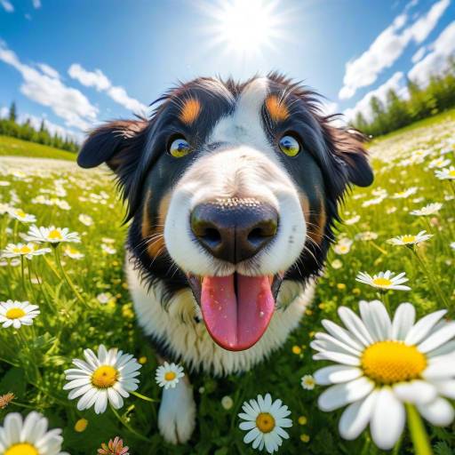 Playful Sheepdog in a Daisies Field