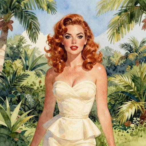 Vintage-style digital illustration of a red-haired woman with curled hair, wearing a strapless white dress, standing in a lush tropical jungle with palm trees and