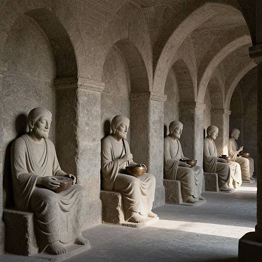 Photograph of five stone Buddhas in a dimly lit, arched brick corridor, each seated in meditation, holding bowls, illuminated by sunlight.