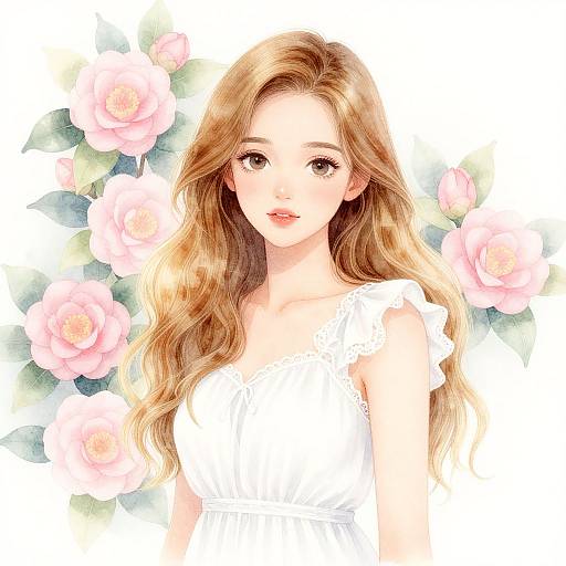 Digital watercolor of a beautiful young woman with long, wavy auburn hair, wearing a white lace dress, surrounded by pink roses.